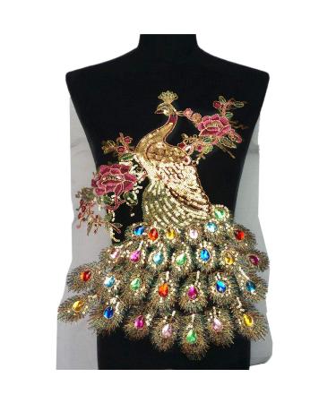 IXUEYU Sequin Peacock Rainbow Rhinestone Feather Tail Embroidered Gown Appliques Lace Fabric Red Mesh Sew Patch for DIY Wedding Decoration (Black)