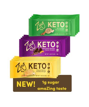 Zing Bars Keto Low Carb Protein Bar | Keto Variety Pack, 12 Count | 3 Amazing Flavors | 7-9g Protein, 3g Net Carbs, 1g Sugar | Vegan, Gluten Free, No Added Sugar | Created by Professional Nutritionists