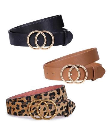 JASGOOD 3 Pack Women Leather Belt for Jeans Pants Ladies Waist Belts with Double O-Ring Buckle Fit Pants Size 28"-33" A-black+leopard+brown