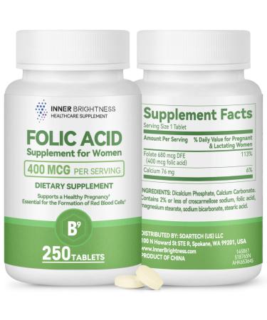 Inner Brightness Folic Acid 400 mcg with Calcium Women s Daily Supplement for Prenatal & Heart Health 250 Tablets Non-GMO Gluten-Free