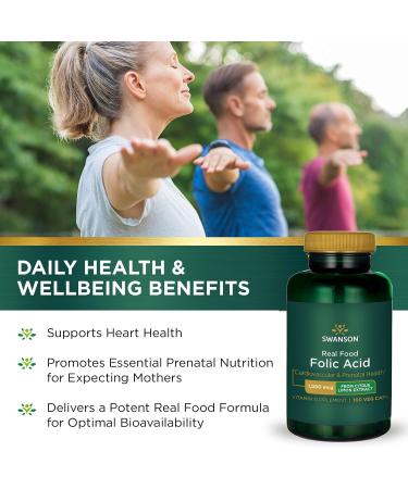 Swanson Real Food Folic Acid 1000mcg - Vitamin B-9 for Cardiovascular and Prenatal Health - Vegan, Gluten-Free, Non-GMO - 100 Veggie Capsules - Buy Online on GoSupps.com
