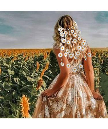Sunflower Headband Daisy Hair Accessories Flower Crown Sunflowers Hair Beach Boho Hairband Adjustable Tassel Hair Wreath Flowers Hair Bands Women Cosplay Costume (White) - Buy Online on GoSupps.com