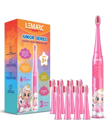 LEMARC USA Supersonic Kids Electric Toothbrush 8 Dupont Brush Heads, USB Rechargeable, Vibration Speed Control Plus Massage Mode, 2 Min Timer, Waterproof, for Age 3+ (Pink)