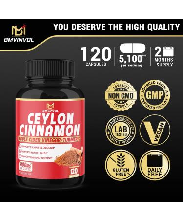 Ceylon Cinnamon Capsules 5100mg - Antioxidant Support - 120 Capsules with Berberine, Apple Cider Vinegar, Turmeric & Ginseng - Buy Online on GoSupps.com
