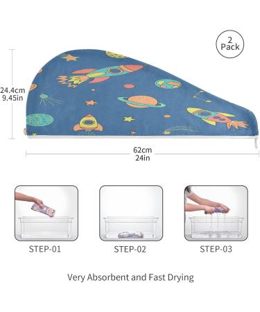 Outer Space Rocket Dry Hair Cap - 2 Piece Quick Drying Towel Set | Super Absorbent Soft & Comfortable with Button Headband - Buy Online on GoSupps.com