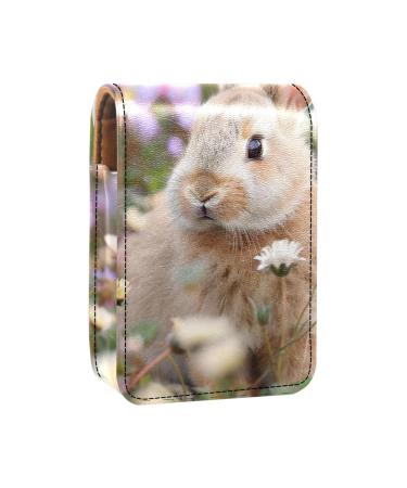 Lipstick Case Leather Lip Gloss Lipstick Organizer with Mirror Mini Lipstick Holder Bag Bunny Rabbit Flowers Daisy D707p1ttok