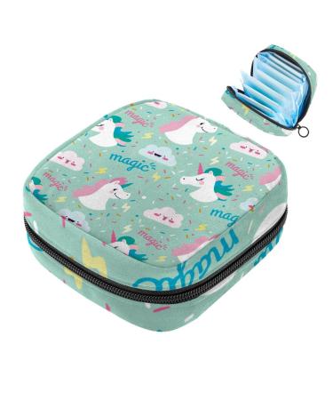 Menstruation pad bag with zipper women's napkin bag tampons collection bags for women and girls (cute cartoon-funny unicorn magical clouds)