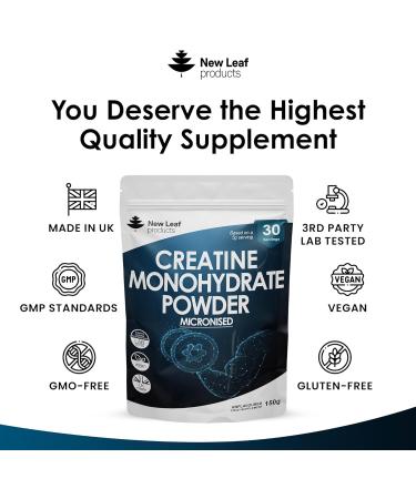 100% Pure Micronized Creatine Monohydrate Powder - 150g | Pre & Post Workout Supplement for Physical Performance | UK Made by New Leaf | Includes Scoop - Buy Online on GoSupps.com