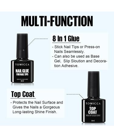 TOMICCA Gel Nail Glue Set - Super Strong Brush On Nail Glue & No Wipe Top Coat Kit for Acrylic Nails - UV/LED Lamp Cure Required - 2PCS 8ml Nail Glue & Top Coat - Buy Online on GoSupps.com