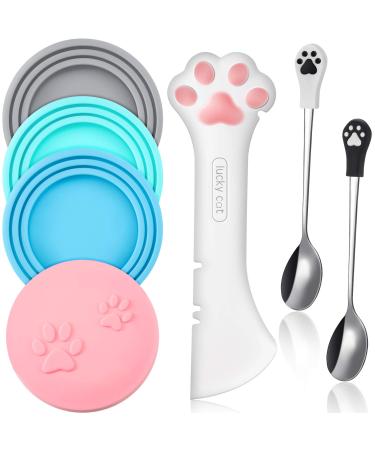 Perthlin 7 Pieces Pet Food Can Supplies Set Include 4 Pieces Silicone Pet Can Covers Cat Can Lids 1 Pieces Multifuctional Pet Can Opener and 2 Pieces Dog Claw Spoons for Pets Dogs Cats Feeding Can