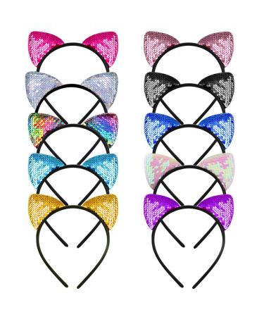 WXJ13 10 Pieces Cat Ears Headbands Reversible Sequins Headbands Hair Accessories for Girls and Women
