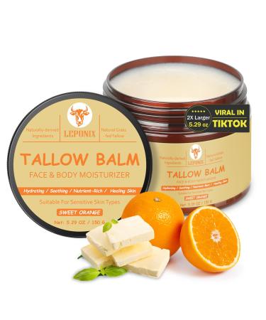 Beef Tallow for Face (5.29 Oz) | 100% Grass-Fed Beef Tallow Balm for Dry & Sensitive Skin - Organic Beef Tallow for Skin - Tallow Face Moisturizer - Deep Hydration & Soothing Relief (Sweet Orange) Sweet Orange 5.29 Ounce (P