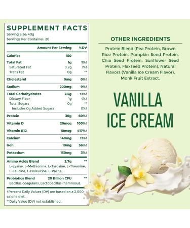 30g Plant-Based Protein Powder 5-in-1 Vegan Protein Powder Vanilla 0g Sugar with 20 Billion CFU Probiotics BCAA Vitamins and Minerals Digestive Support Keto-Friendly Low Carb 20 Servings 1.76 Pound (Pack of 1) - Buy Online on GoSupps.com