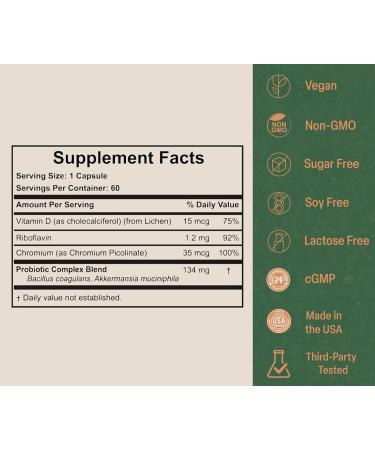Akkermansia Probiotic for Appetite & Craving Control | Increases GLP-1 & Boosts Healthy Weight | 60 Day Supply | Made in USA | Bacillus Coagulans B2 D3 & Chromium | SIBO Friendly Vegan Gluten Free - Buy Online on GoSupps.com