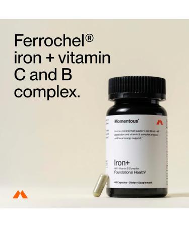 Momentous Iron+ with Vitamin C & Vitamin B Complex - Ferrochel Iron Capsules for Foundational Health Support - NSF Certified for Sport - Gluten-Free - 60 Servings - Buy Online on GoSupps.com