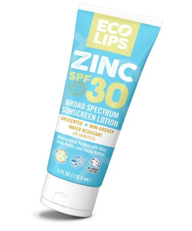 Eco Lips SPF 30 Broad Spectrum Zinc Mineral Sunscreen Lotion 4 oz - Reef Safe Water Resistant Natural Made in USA with Organic Aloe Shea and Cocoa Butter