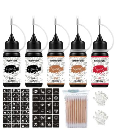 Temporary Tattoo Set, 5Pcs with Three Colors, 78 Pcs Adhesive Stencil (2Black, 2Brown ,1Red)