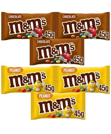 Chocolate Bags Bundle with M&M Chocolate Bags 45g x3 and M&M Peanut Chocolate Bags 45g x3 (6 Pack)