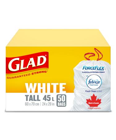 Glad White Garbage Bags - Tall 45 Litres - ForceFlex Drawstring with Febreze Fresh Clean Scent 50 Trash Bags Made in Canada of Global Components Tall. 50 Bags Garbage Bags Bags