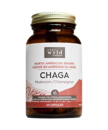 Stay Wyld - Organic Chaga Mushroom Capsules -Natural Cholesterol Level and Immune Support Supplement - 100% Canadian Grown Chaga Fruiting Bodies - Non-GMO Vegan - Mushroom Supplement - 60 Capsules Chaga - Capsules