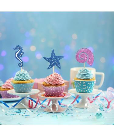 Kaakswa 24 Pcs Ocean Sea Anima Theme Cupcake Topper Glittery Seahors Starfish Cupcake Toppers Set for Under The Sea Birthday Party Blue&purple - Buy Online on GoSupps.com