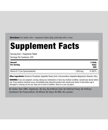 Piping Rock Vitamin B12 1000 mcg | 220 Tablets - Vegetarian, Non-GMO & Gluten Free - Buy Online on GoSupps.com