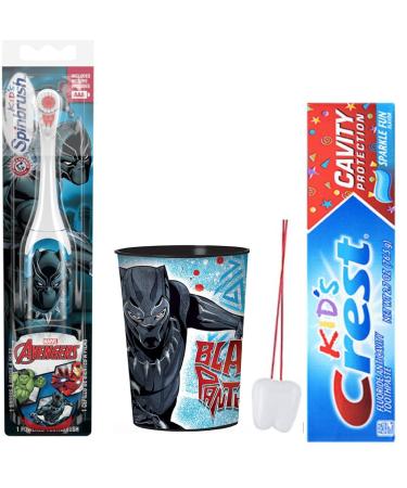 Marvel Avengers Black Panther Spinbrush kids Powered Toothbrush & Crest Sparkle fun Toothpaste Bundle Plus Avengers Mouthwash Rinse Cup! BUNDLE