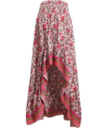 Sanahy Women Boho Floral Print Maxi Dress - Red XL | High Low Ruffle Hem, Elastic Waist, Beach Chic Style - Buy Online on GoSupps.com