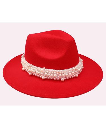 Qkrlamx Women's Black Wool Fedora Hat with Pearl Band - Wide Brim Classic Trilby Style in Red - Buy Online on GoSupps.com