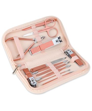 Nail Clippers and Beauty Tool Portable Set, Rose Gold Martensitic Stainless Steel Manicure Set 12 in 1, with Pink Leather Bag, Suitable for Home, Workplace, Outdoor Travel, Gift Giving, Beauty Salon.
