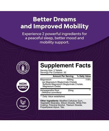 Magnesium Glycinate 500mg with Ashwagandha Root - Calming Supplement for Bone Health and Immunity - 90 Tablets - Buy Online on GoSupps.com