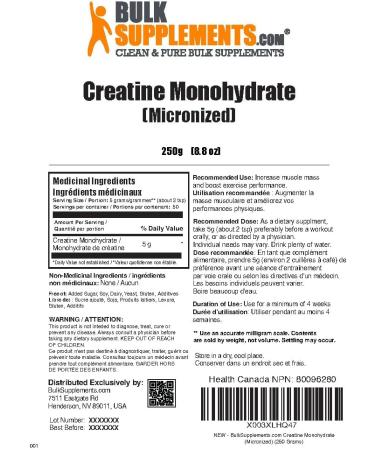 BulkSupplements.com Creatine Monohydrate Powder - Creatine Supplement Micronized Creatine Creatine Powder - Unflavored & Gluten Free 5g (5000mg) per Servings 250g (8.8 oz) (Pack of 1) - Buy Online on GoSupps.com
