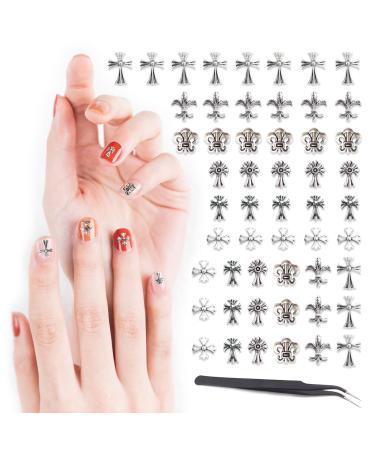 120Pcs 3D Metal Cross Nail Charms with a Nail Tweezer for DIY Punk Crosses Gothic Manicure Accessories Vintage Party Nail Art Decorations Kit for Women Girls (Silver)