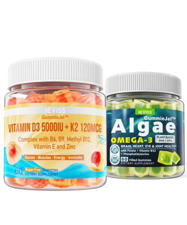 NEVISS Vitamin D3 5000IU + K2 (MK-7) 120mcg Filled Gummies + Vegan Omega 3 Gummies 1000mg