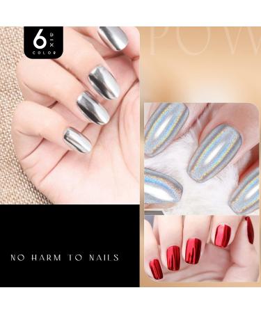 Pockcat 6 Colors Chrome Nail Powder Set for Glittery Metal Mirror Effect - 3D Holographic Ice Aurora Dust Nail Art Kit with Sponge Sticks - Buy Online on GoSupps.com