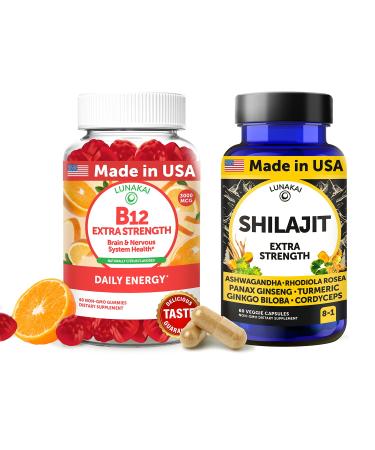 Lunakai USA Made B12 Gummies & Shilajit Capsules Bundle Extra Strength Daily Energy & Wellness Support