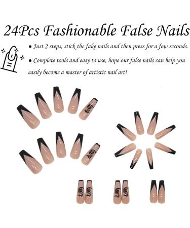 Ballerina Coffin Fake Nails - 24Pcs Long Black French Press on Nails with Dragon Patterns | Full Cover False Nail Tips with Glue for Women & Girls Nail Art - Buy Online on GoSupps.com