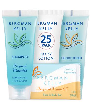 BERGMAN KELLY Hotel Toiletries Bundle (Tropical Waterfall  1 oz each  100 Pcs) 4-Piece Set: 25 Rectangular Bar Soap  25 Shampoo  25 Conditioner & 25 Body Lotion - Bulk Mini Guest Amenities Supply Tropical Waterfall 1 Cou...