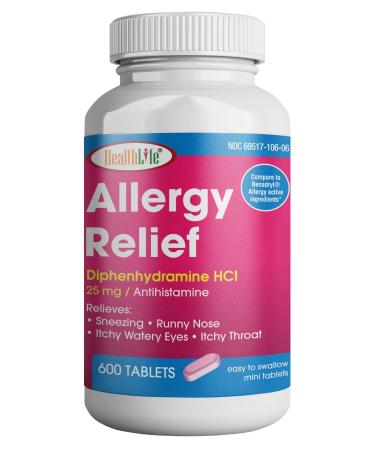 HealthLife Allergy Relief Medicine Diphenhydramine HCl Caplets 25 mg (Pink) | (600 Count) | Children and Adults | Relieves Sneezing Runny Nose Hay Fever Symptoms Itchy Eyes and Throat