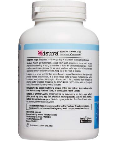 Natural Factors L-Arginine 500 mg - 180 Vegetarian Capsules for Heart Health & Performance - Buy Online on GoSupps.com