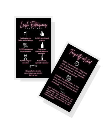 Lash Extension Aftercare Cards | 50 Pack | Eyelash Extension Supplies | 2x3.5 inches Business Card Size | Black with Neon Pink Color Design