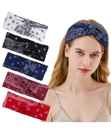 FITDON 5 Pieces Boho Headband Women's Hair Bands Wide Elastic Hairband Turban Fashion Hair Accessories #1