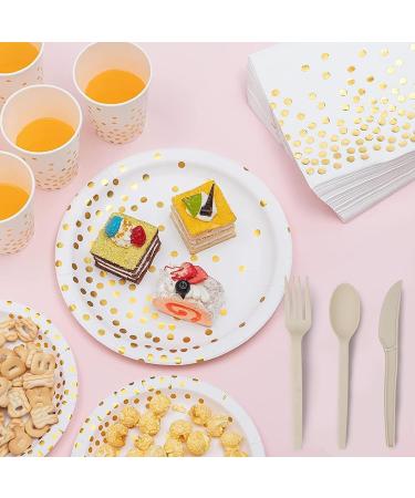 350PCS White and Gold Party Supplies Severs 50 Disposable Party Dinnerware Natural Biodegradable Forks Knives Spoons and Golden Dot Paper Plates White Napkins Cups for Baby Shower Birthday Wedding - Buy Online on GoSupps.com