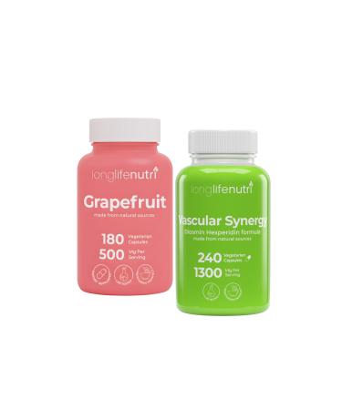 LongLifeNutri Grapefruit Seed Extract 500 mg + Vascular Synergy (Diosmin Hesperidin Complex) 1300 mg Bundle - 180 + 240 Capsules 6-4 Month Supply Daily Energy & Vein Support Made in USA