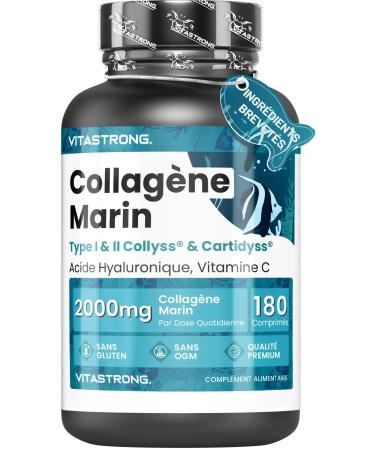 PATENTED MARINE COLLAGEN 2000mg - Type 1&2 Collyss® & Cartidyss® - 180 Tablets - Marine Collagen with Hyaluronic Acid - With Vitamin C - Effective Formula - Premium Quality - Vitastrong