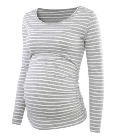 Love2Mi Women Maternity Tops Round Neck Maternity Clothes Long Sleeve Shirts S Gray White Stripe