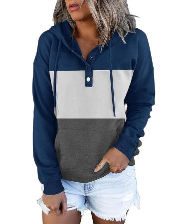 Color Block Hoodie for Women - Navy Stripe Print Drawstring Pullover Sweatshirt - Buy Online on GoSupps.com