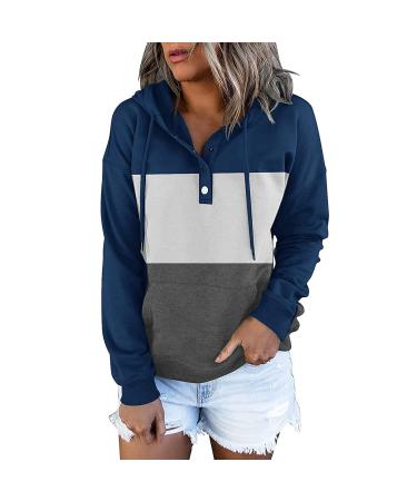 Women's Color Block Hoodies Tops Long Sleeve Stripe Print Casual Drawstring Button Pullover Sweatshirt with Pocket A#30_navy Large