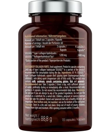 Trec Nutrition Sp z oo ESSENSEY Collagen Forte I 2400 mg per recommended daily dose I 120 capsules I hydrolyzed collagen type I SOLUGEL I 60 daily doses I Easy to swallow - Buy Online on GoSupps.com