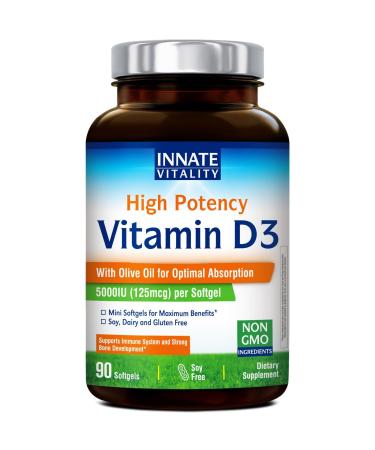 Innate Vitality Vitamin D3 5000 IU (125 mcg), High Potency Vitamin D for Bone, Teeth, and Immune Health Support, Non-GMO, No Soy or Gluten, in Olive Oil, Mini Softgels, 90 Count